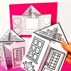 Cartões de papel para o Dia dos Avós com desenhos de casas e corações.