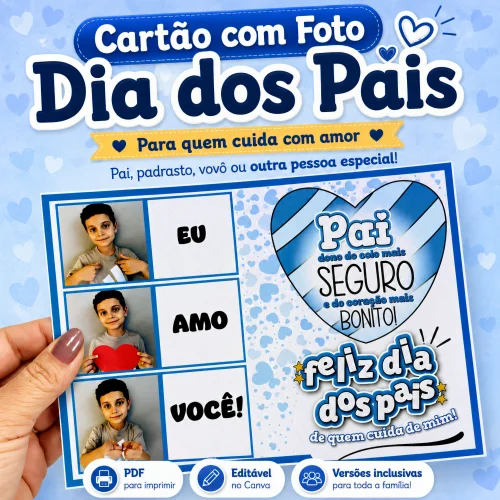 Cartão de Dia dos Pais com foto e mensagem de amor e cuidado.