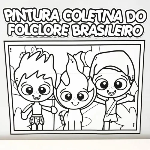 Desenho de crianças com elementos do folclore brasileiro para pintura coletiva.