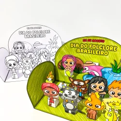 Cenário 3D do Folclore Brasileiro com personagens coloridos e detalhes culturais.