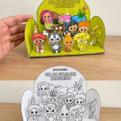 Figuras de personagens do folclore brasileiro em display colorido e em preto e branco.