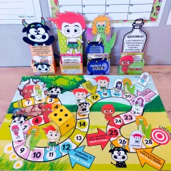Jogo do Folclore com personagens e dados coloridos para educação infantil.