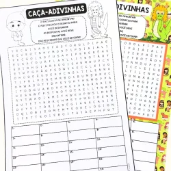 Atividades educativas do folclore com caça-adivinhas e palavras cruzadas.