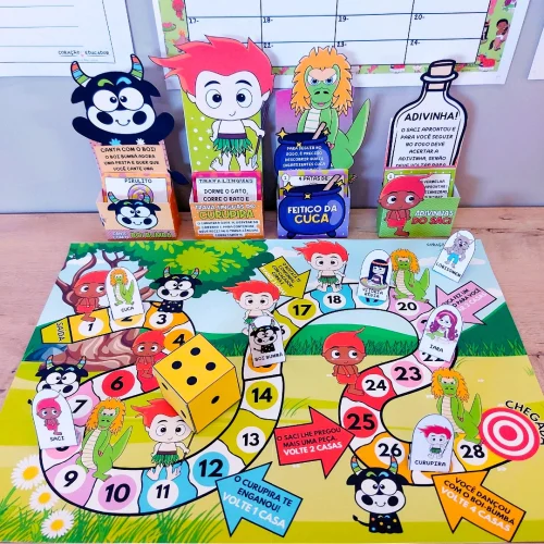 Jogo do Folclore com personagens e dados coloridos para educação infantil.