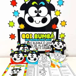 Decoração temática do Boi Bumbá com materiais educativos coloridos.