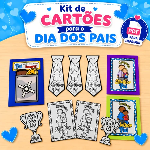 Conjunto de cartões e atividades para o Dia dos Pais com tema de reconhecimento e carinho.