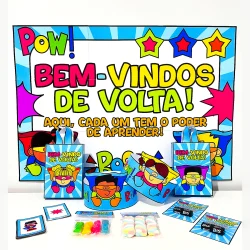 Material de volta às aulas com tema de super-heróis e cores vibrantes.