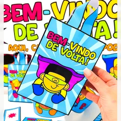 Cartaz de boas-vindas com tema de super-heróis para volta às aulas.