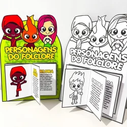 Luva livro com personagens do folclore brasileiro em cores vibrantes.