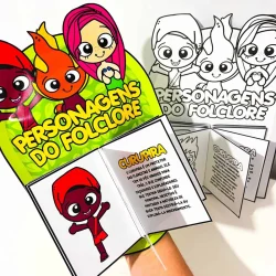 Luva com personagens coloridos do folclore brasileiro para crianças.
