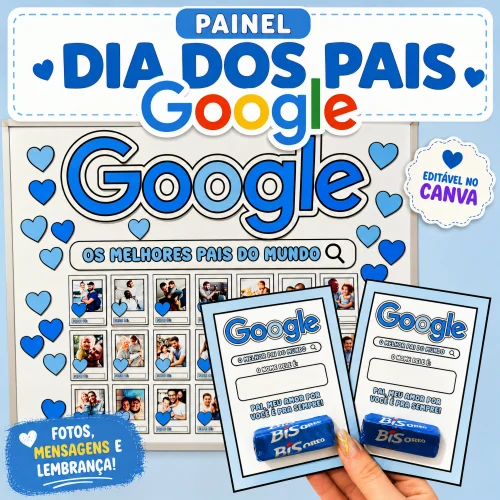 Painel comemorativo do Dia dos Pais com tema Google e fotos familiares.