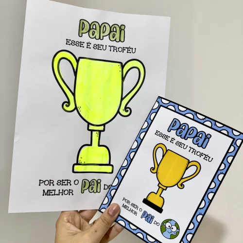 Cartões de homenagem ao pai com troféus coloridos para o Dia dos Pais.