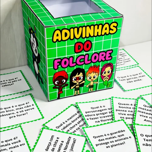 Jogo de adivinhas do folclore brasileiro com personagens coloridos.