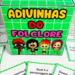 Caixa de jogo com personagens folclóricos e título "Adivinhas do Folclore".