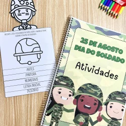 Caderno de atividades do Dia do Soldado com desenhos de crianças soldados.