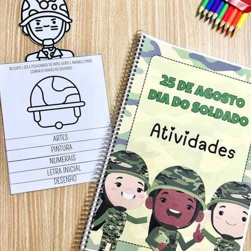 Caderno de atividades do Dia do Soldado com desenhos de crianças soldados.