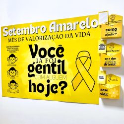 Cartaz amarelo com mensagem de conscientização sobre Setembro Amarelo e saúde mental.