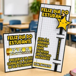 Cartão e porta-lápis comemorativos do Dia do Estudante com tema de estrela e caneta.