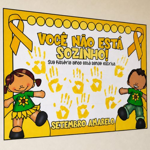 Cartaz de conscientização sobre saúde mental e prevenção do suicídio com crianças e laços amarelos.