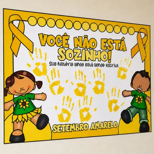 Cartaz de conscientização sobre saúde mental e prevenção do suicídio com crianças e laços amarelos.
