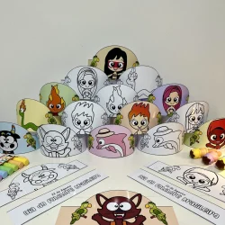 Coroas com personagens de lendas do folclore brasileiro para atividades educativas.