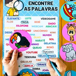 Jogo de palavras com animais, objetos e ações para crianças.