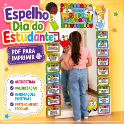 Espelho do Dia do Estudante com crianças e mensagens educativas.