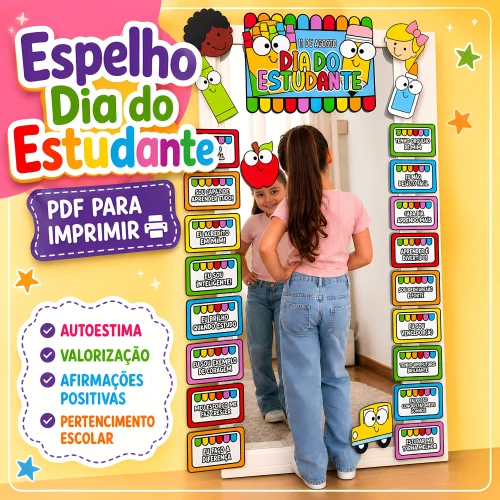Espelho do Dia do Estudante com crianças e mensagens educativas.
