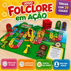 Jogo folclore em ação com personagens e percurso colorido para crianças.