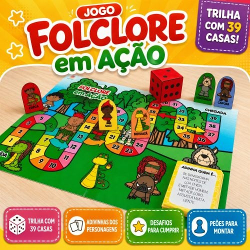 Jogo folclore em ação com personagens e percurso colorido para crianças.
