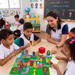 Crianças jogando o jogo folclore em sala de aula com professora.