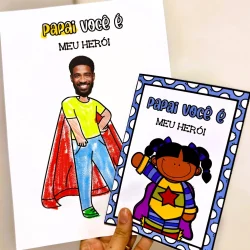 Cartões do Dia dos Pais com tema herói, desenhos de pai e filha com capa e capa de super-herói.