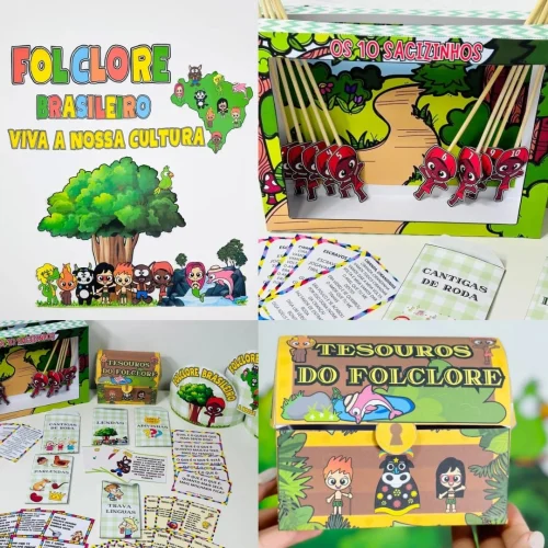 Material educativo sobre folclore brasileiro e cultura popular para crianças.