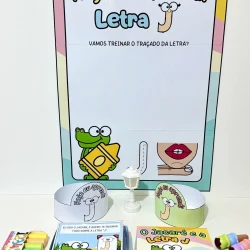 Quadro de atividades para aprender a letra J com personagens divertidos.