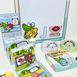 Material pedagógico com letras, figuras e atividades para ensinar a letra J.