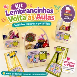 Kit de lembrancinhas para volta às aulas com sacolinhas e porta-lápis coloridos.
