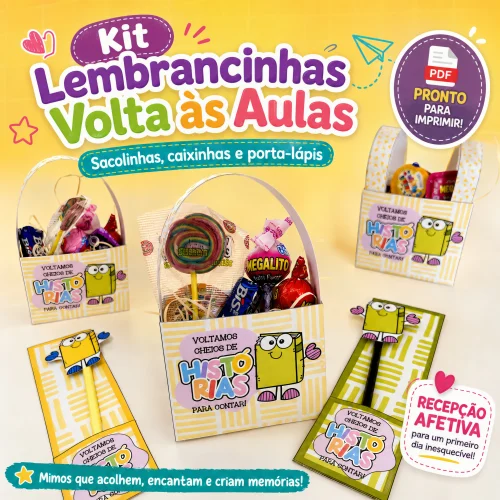 Kit de lembrancinhas para volta às aulas com sacolinhas e porta-lápis coloridos.