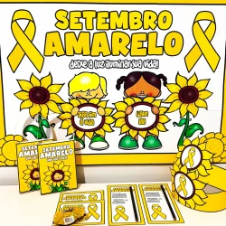 Ilustração de crianças com girassóis e laços amarelos para o Setembro Amarelo.