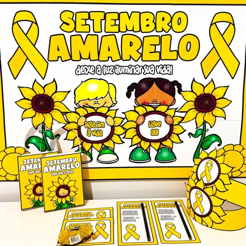 Ilustração de crianças com girassóis e laços amarelos para o Setembro Amarelo.