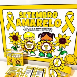 Material de conscientização do Setembro Amarelo com girassóis e laços amarelos.