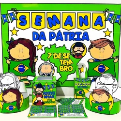 Kit educativo para a Semana da Pátria com tema do Brasil e personagens infantis.
