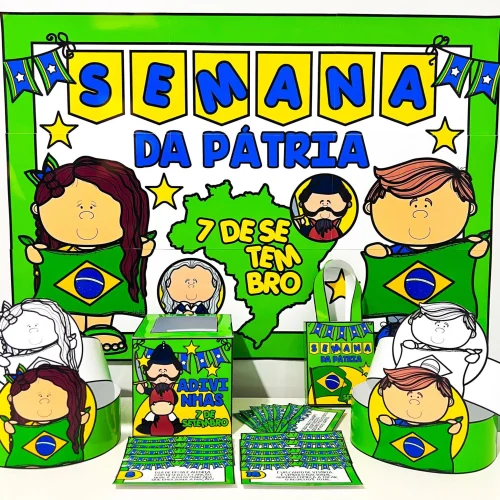 Kit educativo para a Semana da Pátria com tema do Brasil e personagens infantis.