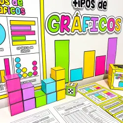 Imagem de diferentes tipos de gráficos coloridos e materiais de ensino.