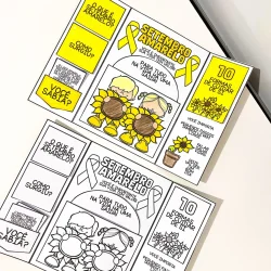 Material educativo sobre Setembro Amarelo com desenhos e frases.