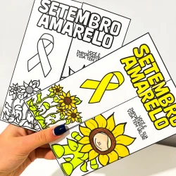 Cartazes coloridos sobre Setembro Amarelo e prevenção ao suicídio.