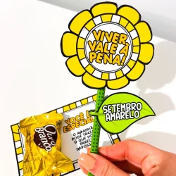 Lápis decorado com girassol e mensagens de conscientização Setembro Amarelo.