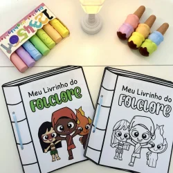 Livrinhos do folclore com desenhos de crianças e personagens folclóricos.