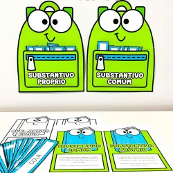 Ilustração de mochilas com substantivos próprio e comum para ensino.