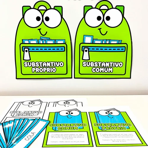 Ilustração de mochilas com substantivos próprio e comum para ensino.