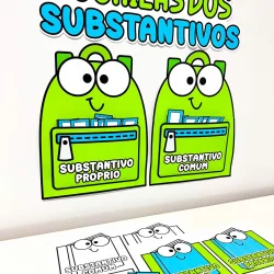 Mochilas ilustradas de substantivos próprio e comum para ensino.